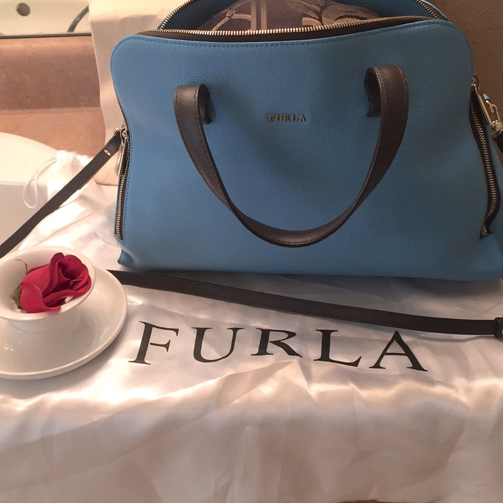 - Furla blue bag with dust bag and long strap EUC